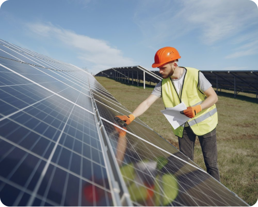 Solar employee inspecting solar panel in solar farm